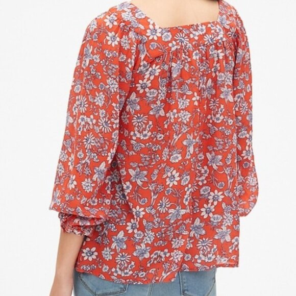 GAP red floral square neck blouse Womens Medium boho festival lightweight - Picture 2 of 7